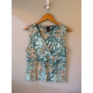 Sleeveless Tank Women Large‎ Teal Floral Rhinestone V-Neck Cotton Fairycore